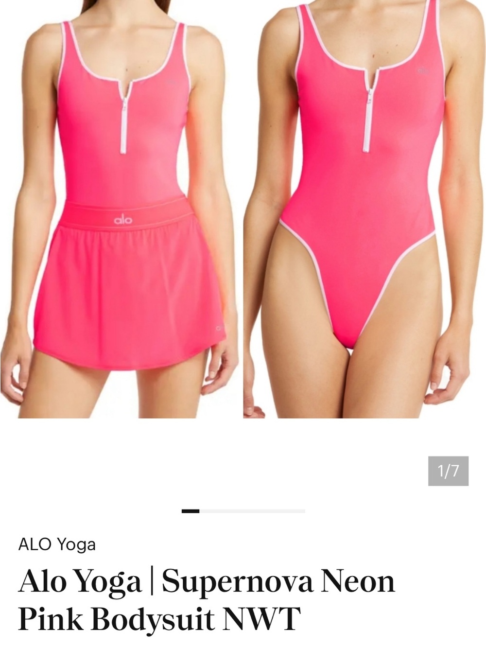 ALO Yoga Supernova Neon Pink Zip-Front One-Piece Swimsuit with White Trim